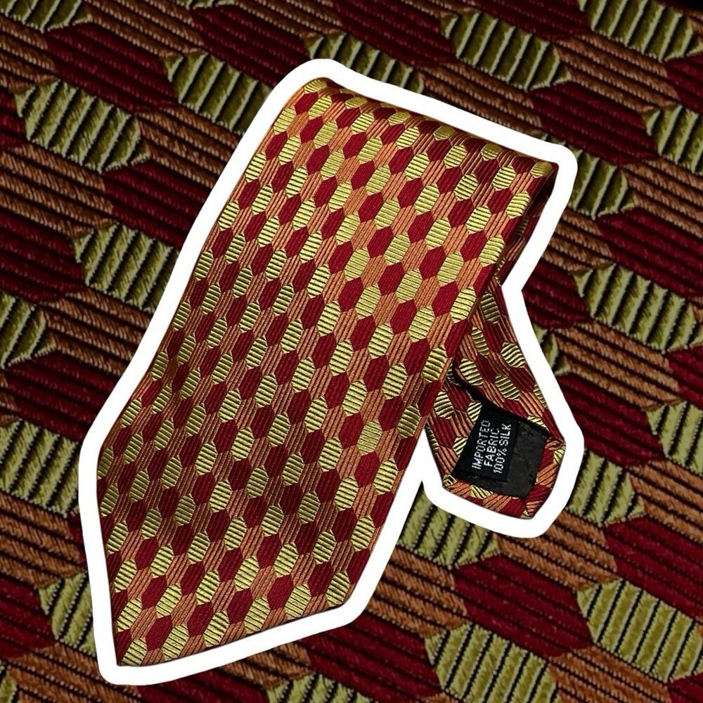Oscar de la Renta Silk Tie Red‎ Gold Geometric Hexagon Necktie Bold Print USA